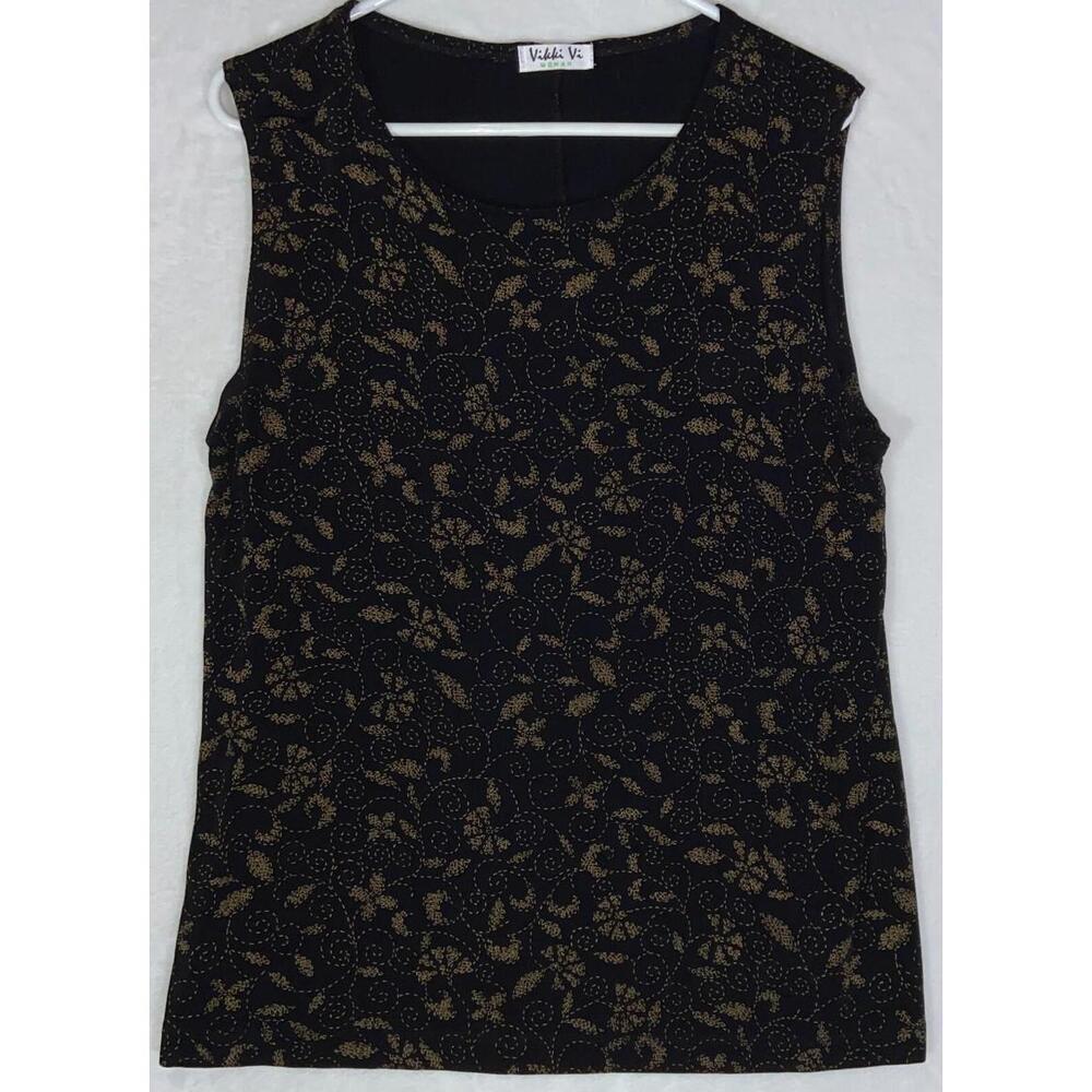 Vikki Vi Tank Top Black Floral Sleeveless Plus Size 1X Round Neck Made in USA